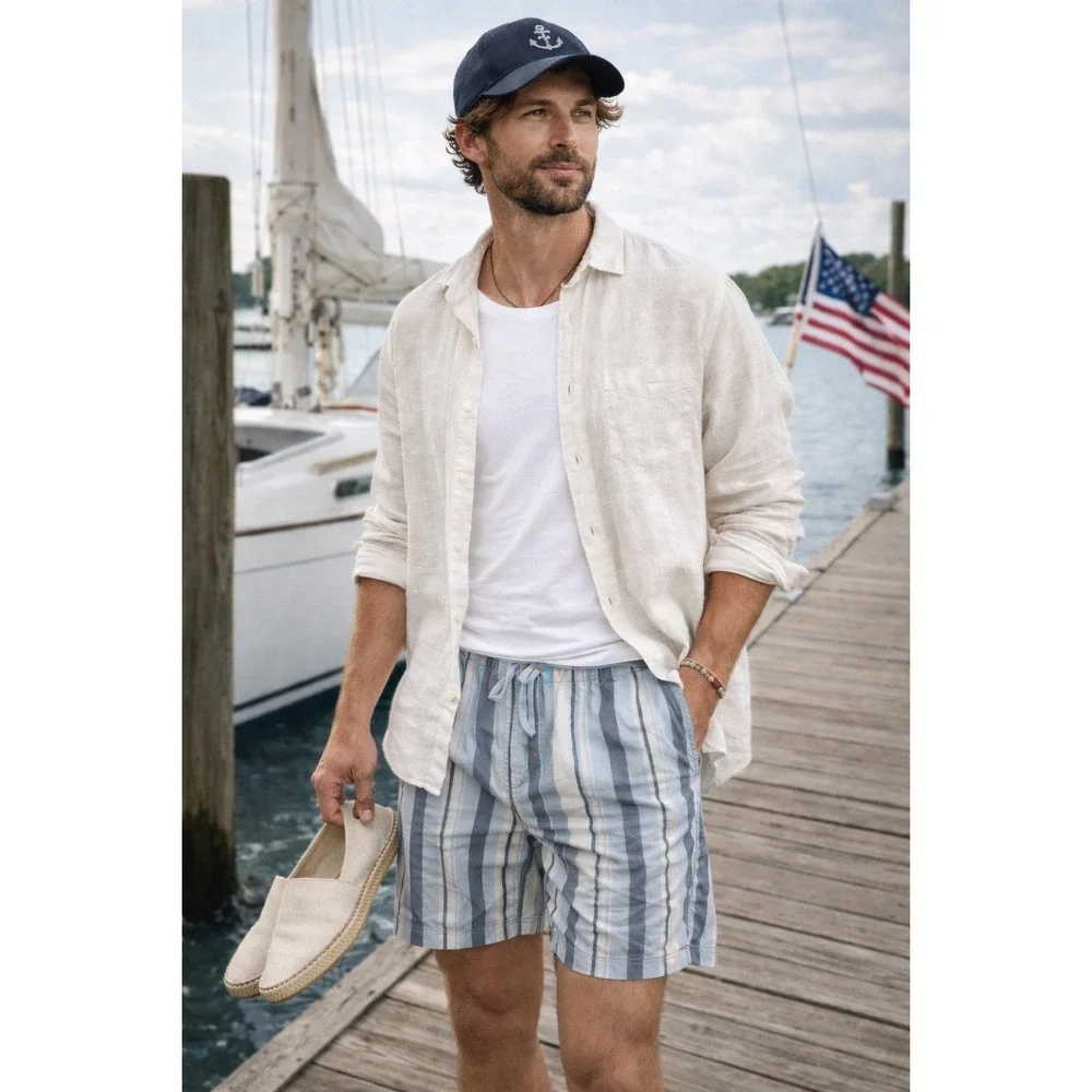R1 Katin Striped Drawstring Casual Beach Swim Shorts Mens Medium MD Blue White